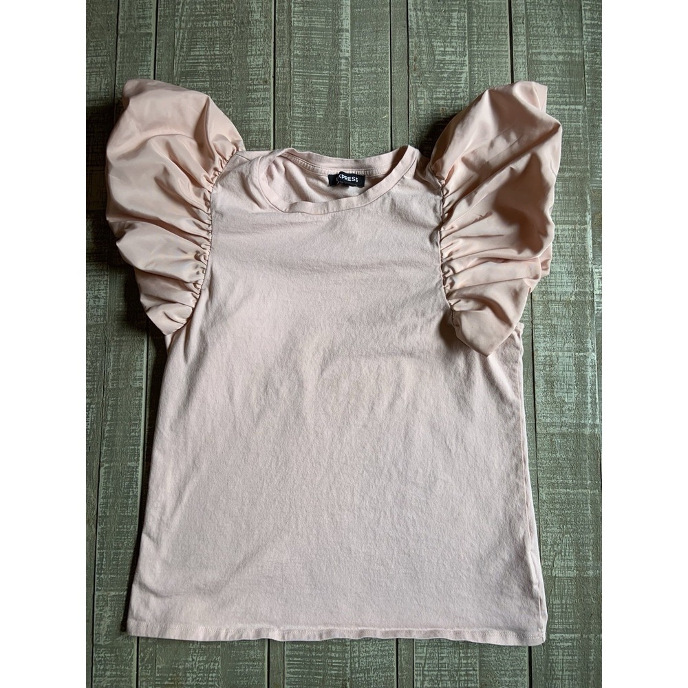 Express Women's Blush Pink Puff Sleeve Eyelet Top - Size Small Crew Neck